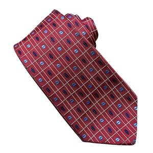 Turnbull & Asser Silk Necktie Red Blue‎ White Geometric England 3.5" Wide